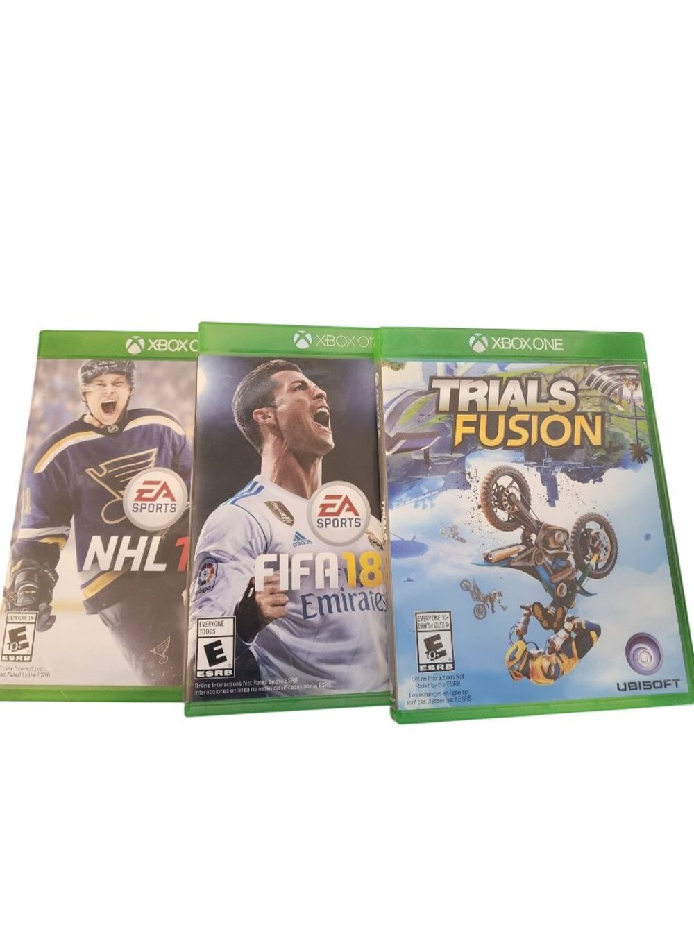 Xbox One 3 games bundle Trials Fusion FIFA 18 NHL 17 soccer hockey videogames